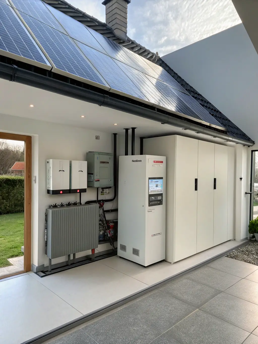 A close-up of a solar battery storage system, emphasizing its role in storing excess energy for later use.