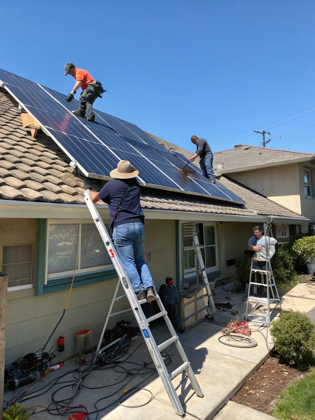 A team of Go EverSun technicians installing solar panels on a residential roof, emphasizing the company's expertise and commitment to quality installation.