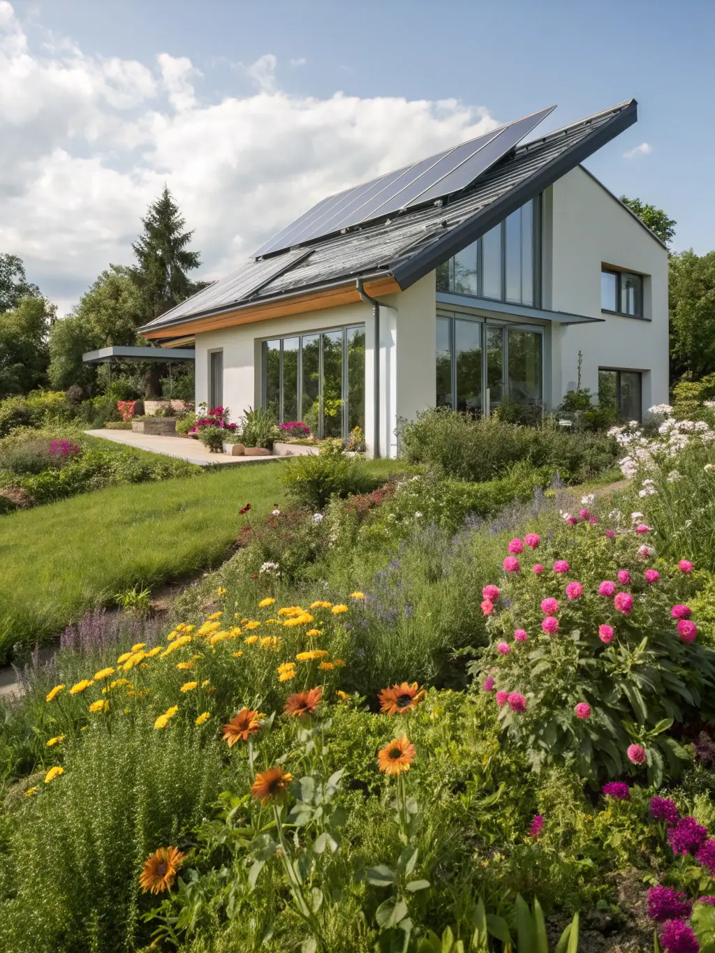 A modern house with sleek solar panels integrated into the roof, surrounded by lush greenery, under a bright sunny sky. The image should convey sustainability and energy efficiency.