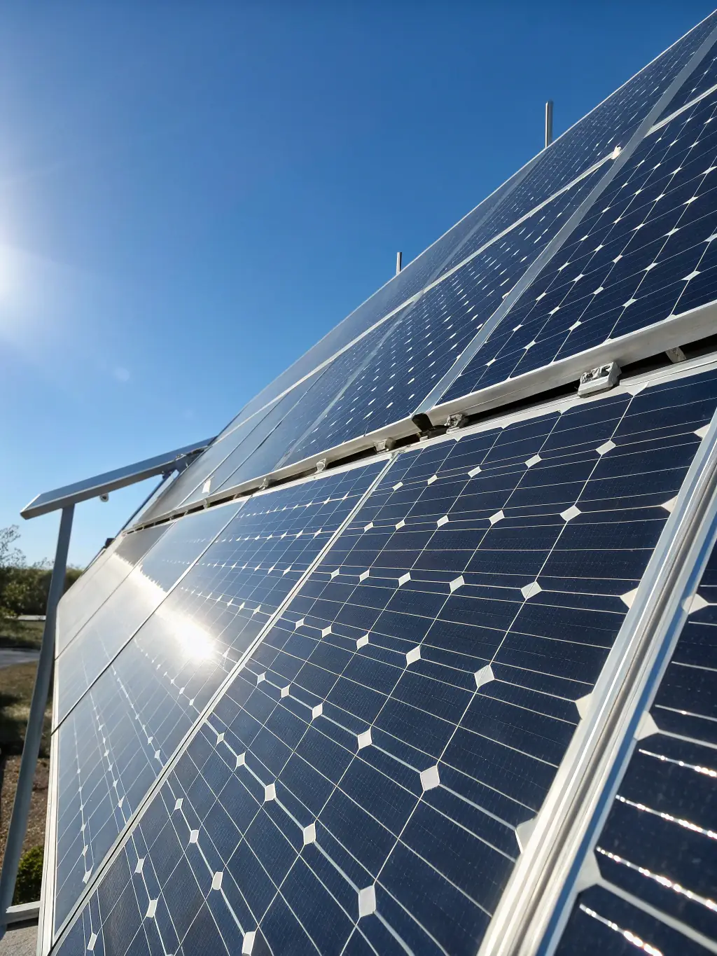 A close-up of high-efficiency solar panels, highlighting their advanced technology and durability, set against a backdrop of a clear blue sky.